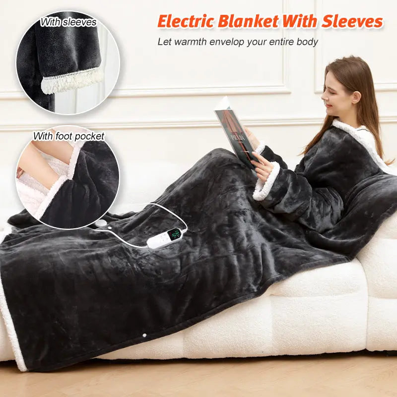 Heated wearable throw with foot pocket