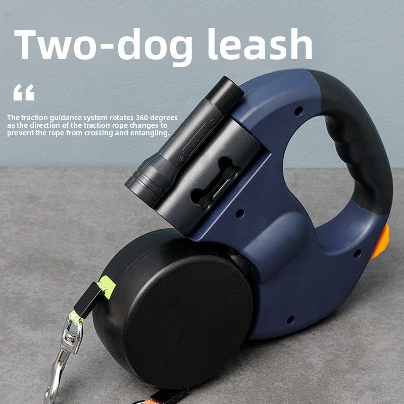 Retractable leash for two dogs in one handle