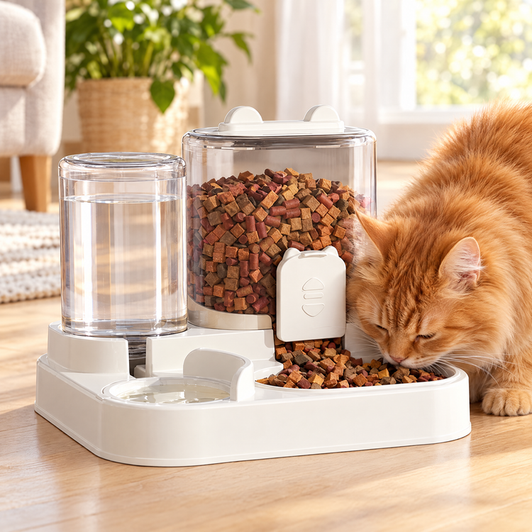 Ginger cat eating from the PawBowl anti-spill dual feeding bowl in a bright apartment