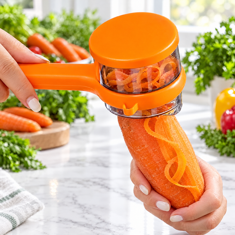 2-in-1 vegetable peeler catching carrot peels in its built-in container on a marble counter